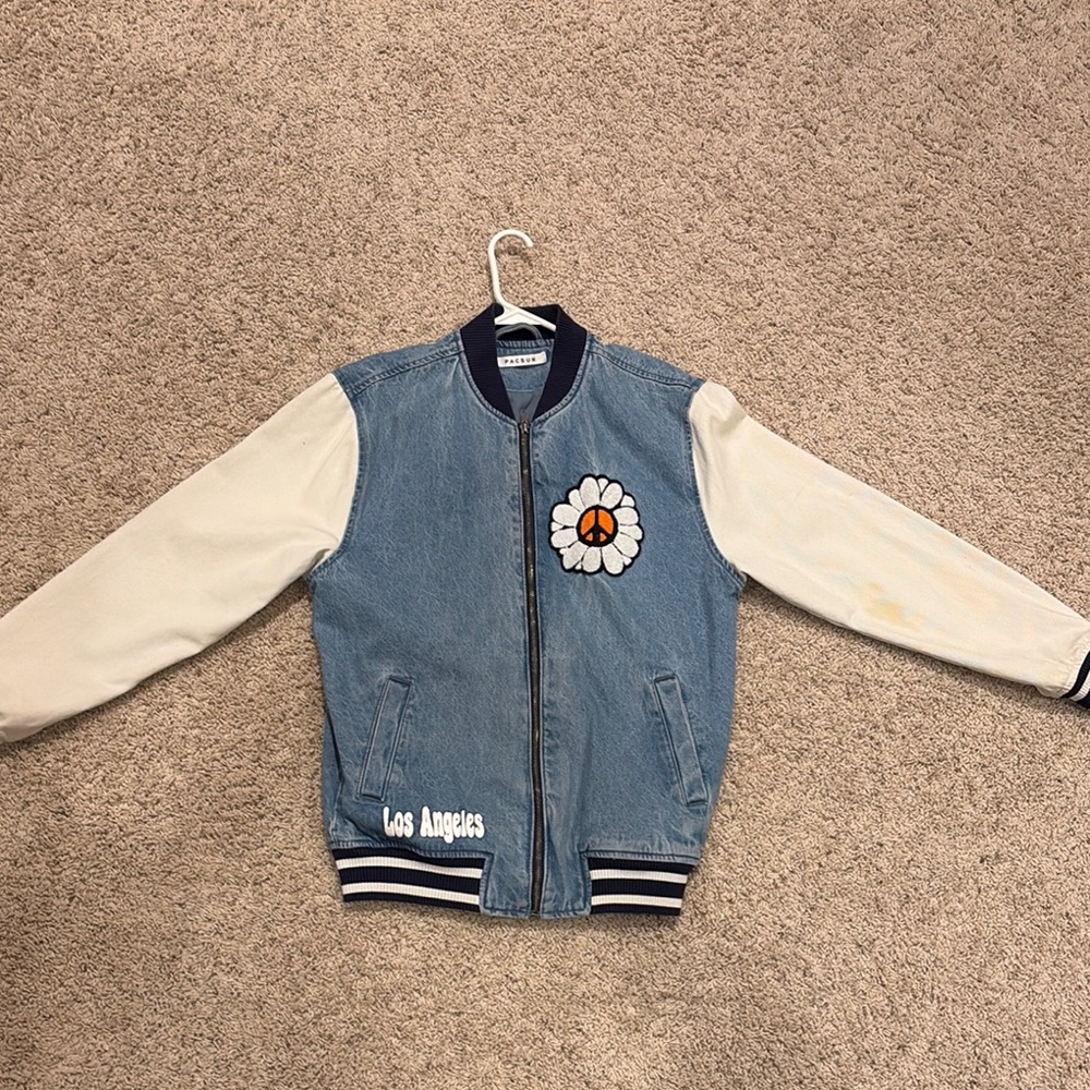 Denim Varsity Jacket with Flower Patch